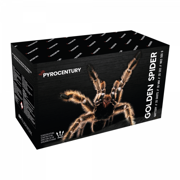 Batteriefeuerwerk Golden Spider (APF2060) von Pyrocentury mit 25-Schuss, 38 Sekunden Laufzeit und 500 Gramm NEM der Kategorie F2 online kaufen und bestellen im Feuerwerk-Shop Funkelfun. Günstiger Feuerwerkshop für Silvester. Hier Angebot sichern!