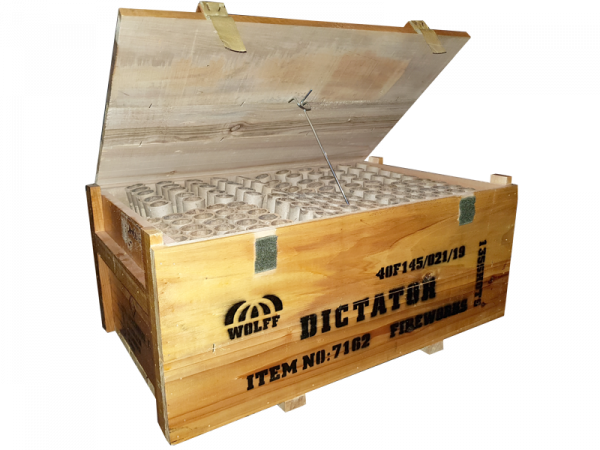 Verbundfeuerwerk Dictator (inkl. Holzkiste) (7162) von Wolff mit 135-Schuss, 65 Sekunden Laufzeit und 1990 Gramm NEM der Kategorie F2 online kaufen und bestellen im Feuerwerk-Shop Funkelfun. Günstiger Feuerwerkshop für Silvester. Hier Angebot sichern!