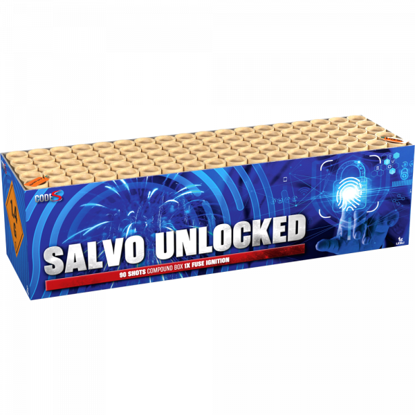 Verbundfeuerwerk Salvo Unlocked (3907) von Lesli mit 90-Schuss, 40 Sekunden Laufzeit und 1350 Gramm NEM der Kategorie F2 online kaufen und bestellen im Feuerwerk-Shop Funkelfun. Günstiger Feuerwerkshop für Silvester. Hier Angebot sichern!
