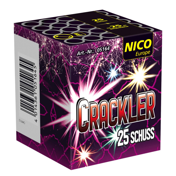 Batteriefeuerwerk Crackler (5164) von Nico mit 25-Schuss, 10 Sekunden Laufzeit und 20 Gramm NEM der Kategorie F2 online kaufen und bestellen im Feuerwerk-Shop Funkelfun. Günstiger Feuerwerkshop für Silvester. Hier Angebot sichern!
