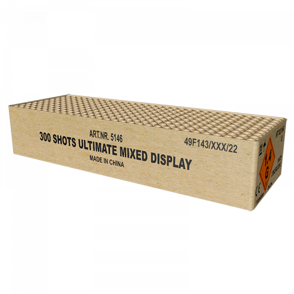 Verbundfeuerwerk 300 Shots Ultimate Mixed Display (5146) von Broekhoff mit 300-Schuss, 68 Sekunden Laufzeit und 1500 Gramm NEM der Kategorie F2 online kaufen und bestellen im Feuerwerk-Shop Funkelfun. Günstiger Feuerwerkshop für Silvester. Hier Angebot si