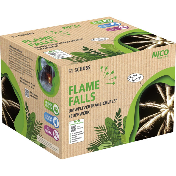 Batteriefeuerwerk Flame Falls (59305) von Nico mit 51-Schuss, 35 Sekunden Laufzeit und 455 Gramm NEM der Kategorie F2 online kaufen und bestellen im Feuerwerk-Shop Funkelfun. Günstiger Feuerwerkshop für Silvester. Hier Angebot sichern!
