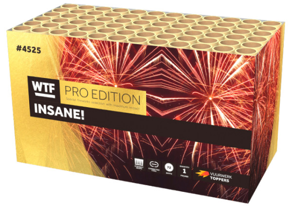 Verbundfeuerwerk INSANE! (4525) von WTF! mit 72-Schuss, 45 Sekunden Laufzeit und 796 Gramm NEM der Kategorie F2 online kaufen und bestellen im Feuerwerk-Shop Funkelfun. Günstiger Feuerwerkshop für Silvester. Hier Angebot sichern!