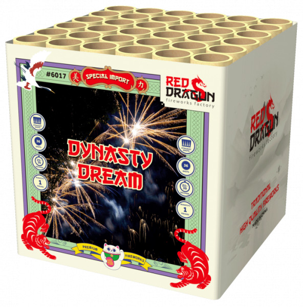 Batteriefeuerwerk Dynasty Dream (6017) von WTF! mit 36-Schuss, 30 Sekunden Laufzeit und 407 Gramm NEM der Kategorie F2 online kaufen und bestellen im Feuerwerk-Shop Funkelfun. Günstiger Feuerwerkshop für Silvester. Hier Angebot sichern!