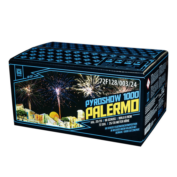 Verbundfeuerwerk Pyroshow 1000-A Palermo (AR-C01) von Funke mit 96-Schuss, 72 Sekunden Laufzeit und 999,6 Gramm NEM der Kategorie F2 online kaufen und bestellen im Feuerwerk-Shop Funkelfun. Günstiger Feuerwerkshop für Silvester. Hier Angebot sichern!