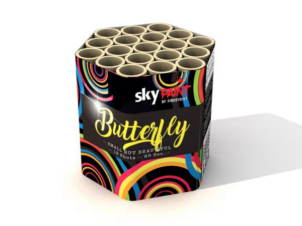 Batteriefeuerwerk Butterfly (SP10-019-19) von FireEvent mit 19-Schuss, 20 Sekunden Laufzeit und 114 Gramm NEM der Kategorie F2 online kaufen und bestellen im Feuerwerk-Shop Funkelfun. Günstiger Feuerwerkshop für Silvester. Hier Angebot sichern!
