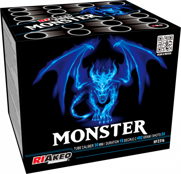 Batteriefeuerwerk Riakeo Monster (HF2316) von Riakeo Fireworks mit 24-Schuss, 30 Sekunden Laufzeit und 492 Gramm NEM der Kategorie F2 online kaufen und bestellen im Feuerwerk-Shop Funkelfun. Günstiger Feuerwerkshop für Silvester. Hier Angebot sichern!