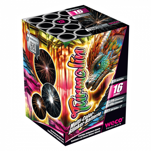 Batteriefeuerwerk Turmalin (3169) von Weco mit 16-Schuss, 20 Sekunden Laufzeit und 186 Gramm NEM der Kategorie F2 online kaufen und bestellen im Feuerwerk-Shop Funkelfun. Günstiger Feuerwerkshop für Silvester. Hier Angebot sichern!