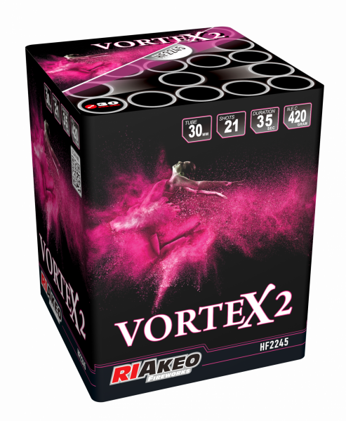 Batteriefeuerwerk Riakeo Vortex 2 (HF2245) von Riakeo Fireworks mit 21-Schuss, 35 Sekunden Laufzeit und 420 Gramm NEM der Kategorie F2 online kaufen und bestellen im Feuerwerk-Shop Funkelfun. Günstiger Feuerwerkshop für Silvester. Hier Angebot sichern!