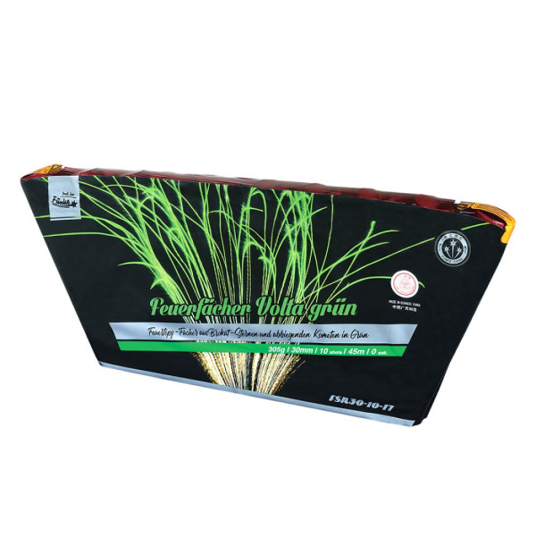 Feuertopf Feuerfächer Volta Grün (FSR30-10-17) von Funke mit 10-Schuss, 3 Sekunden Laufzeit und 305 Gramm NEM der Kategorie F2 online kaufen und bestellen im Feuerwerk-Shop Funkelfun. Günstiger Feuerwerkshop für Silvester. Hier Angebot sichern!