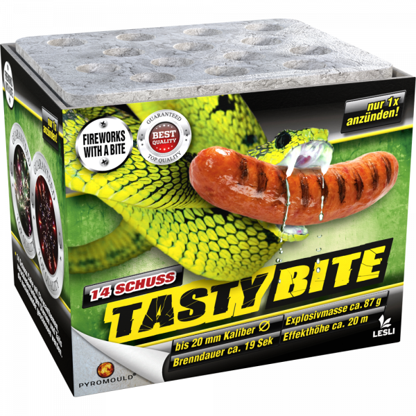 Batteriefeuerwerk Tasty Bite (4975) von Lesli mit 14-Schuss, 19 Sekunden Laufzeit und 86,8 Gramm NEM der Kategorie F2 online kaufen und bestellen im Feuerwerk-Shop Funkelfun. Günstiger Feuerwerkshop für Silvester. Hier Angebot sichern!
