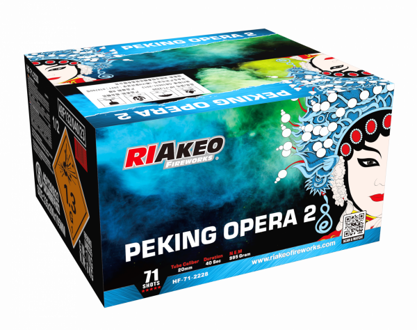 Verbundfeuerwerk Riakeo Peking Opera 2 (HF-71-2228) von Riakeo Fireworks mit 71-Schuss, 40 Sekunden Laufzeit und 961,5 Gramm NEM der Kategorie F2 online kaufen und bestellen im Feuerwerk-Shop Funkelfun. Günstiger Feuerwerkshop für Silvester. Hier Angebot