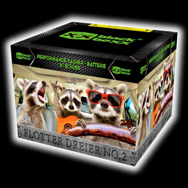 Batteriefeuerwerk Flotter Dreier No. 2 (20516) von Blackboxx mit 21-Schuss, 25 Sekunden Laufzeit und 473 Gramm NEM der Kategorie F2 online kaufen und bestellen im Feuerwerk-Shop Funkelfun. Günstiger Feuerwerkshop für Silvester. Hier Angebot sichern!
