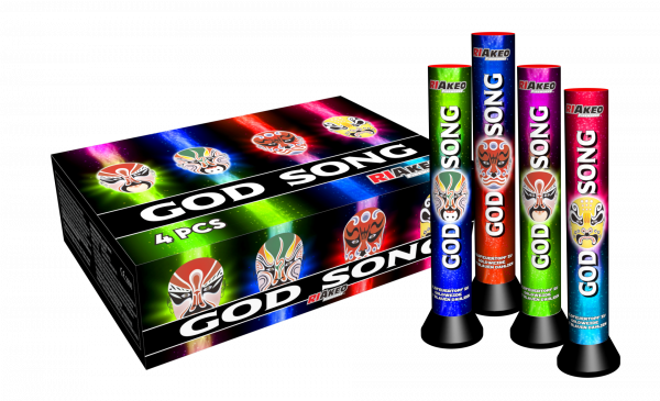 Bombenrohr Riakeo God Song (HF24136S) von Riakeo Fireworks mit 4-Schuss, 5 Sekunden Laufzeit und 100 Gramm NEM der Kategorie F2 online kaufen und bestellen im Feuerwerk-Shop Funkelfun. Günstiger Feuerwerkshop für Silvester. Hier Angebot sichern!