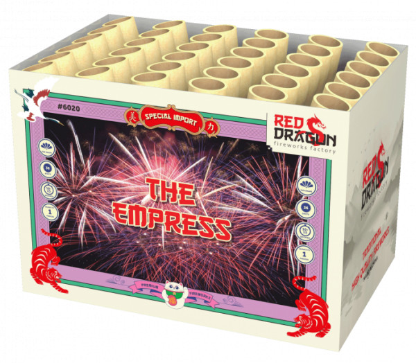 Batteriefeuerwerk The Empress (6020) von WTF! mit 36-Schuss, 15 Sekunden Laufzeit und 497 Gramm NEM der Kategorie F2 online kaufen und bestellen im Feuerwerk-Shop Funkelfun. Günstiger Feuerwerkshop für Silvester. Hier Angebot sichern!