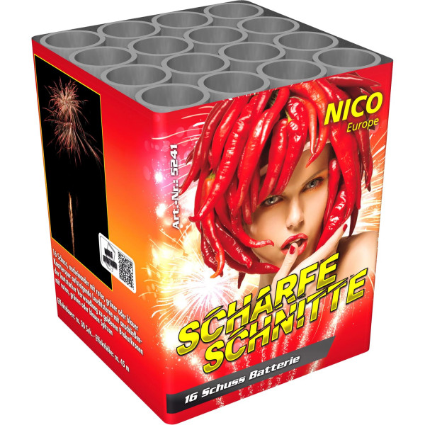 Batteriefeuerwerk Scharfe Schnitte (05241) von Nico mit 16-Schuss, 30 Sekunden Laufzeit und 145 Gramm NEM der Kategorie F2 online kaufen und bestellen im Feuerwerk-Shop Funkelfun. Günstiger Feuerwerkshop für Silvester. Hier Angebot sichern!