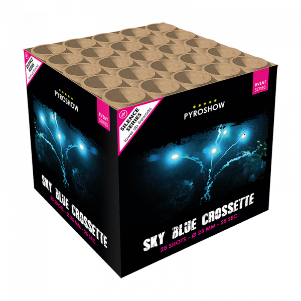 Batteriefeuerwerk Sky Blue Crossette (2985) von Broekhoff mit 25-Schuss, 25 Sekunden Laufzeit und 353 Gramm NEM der Kategorie F2 online kaufen und bestellen im Feuerwerk-Shop Funkelfun. Günstiger Feuerwerkshop für Silvester. Hier Angebot sichern!
