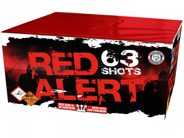 Batteriefeuerwerk Red Alert (1893) von Wolff mit 63-Schuss, 25 Sekunden Laufzeit und 500 Gramm NEM der Kategorie F2 online kaufen und bestellen im Feuerwerk-Shop Funkelfun. Günstiger Feuerwerkshop für Silvester. Hier Angebot sichern!