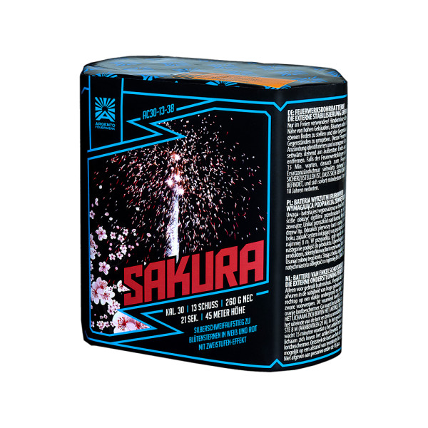 Batteriefeuerwerk Sakura (AC30-13-38) von Funke mit 13-Schuss, 21 Sekunden Laufzeit und 260 Gramm NEM der Kategorie F2 online kaufen und bestellen im Feuerwerk-Shop Funkelfun. Günstiger Feuerwerkshop für Silvester. Hier Angebot sichern!