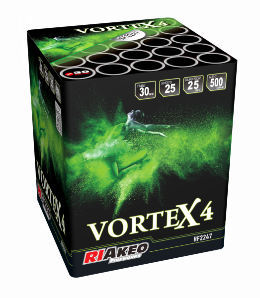 Batteriefeuerwerk Riakeo Vortex 4 (HF2247) von Riakeo Fireworks mit 25-Schuss, 25 Sekunden Laufzeit und 500 Gramm NEM der Kategorie F2 online kaufen und bestellen im Feuerwerk-Shop Funkelfun. Günstiger Feuerwerkshop für Silvester. Hier Angebot sichern!