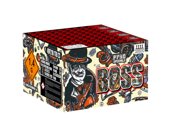 Verbundfeuerwerk Boss (ER-100-30-3) von Pyro Specials mit 100-Schuss, 50 Sekunden Laufzeit und 2000 Gramm NEM der Kategorie F2 online kaufen und bestellen im Feuerwerk-Shop Funkelfun. Günstiger Feuerwerkshop für Silvester. Hier Angebot sichern!