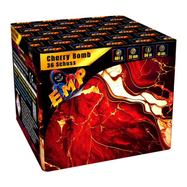 Batteriefeuerwerk Cherry Bomb (82081) von EMP mit 36-Schuss, 40 Sekunden Laufzeit und 481 Gramm NEM der Kategorie F2 online kaufen und bestellen im Feuerwerk-Shop Funkelfun. Günstiger Feuerwerkshop für Silvester. Hier Angebot sichern!