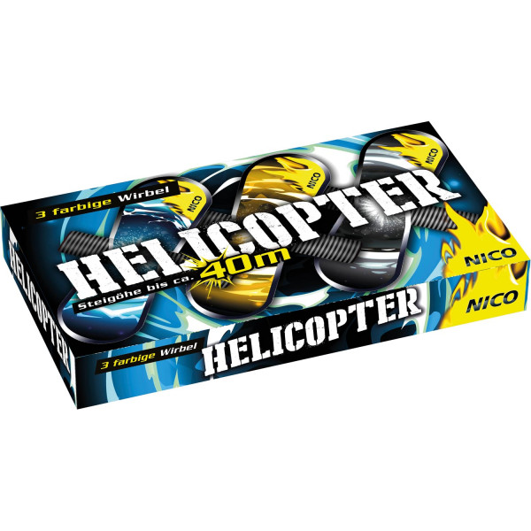 Wirbel Helikopter (04575) von Nico mit 3-Schuss, 8 Sekunden Laufzeit und 39 Gramm NEM der Kategorie F2 online kaufen und bestellen im Feuerwerk-Shop Funkelfun. Günstiger Feuerwerkshop für Silvester. Hier Angebot sichern!