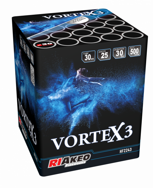 Batteriefeuerwerk Riakeo Vortex 3 (HF2243) von Riakeo Fireworks mit 25-Schuss, 25 Sekunden Laufzeit und 500 Gramm NEM der Kategorie F2 online kaufen und bestellen im Feuerwerk-Shop Funkelfun. Günstiger Feuerwerkshop für Silvester. Hier Angebot sichern!