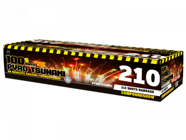 Verbundfeuerwerk Pyro Tsunami (7754) von Wolff mit 210-Schuss, 30 Sekunden Laufzeit und 1906 Gramm NEM der Kategorie F2 online kaufen und bestellen im Feuerwerk-Shop Funkelfun. Günstiger Feuerwerkshop für Silvester. Hier Angebot sichern!