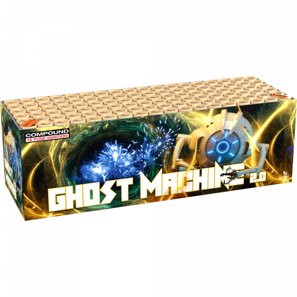 Verbundfeuerwerk Ghost Machine 2.0 (4485) von Lesli mit 108-Schuss, 60 Sekunden Laufzeit und 1393,2 Gramm NEM der Kategorie F2 online kaufen und bestellen im Feuerwerk-Shop Funkelfun. Günstiger Feuerwerkshop für Silvester. Hier Angebot sichern!