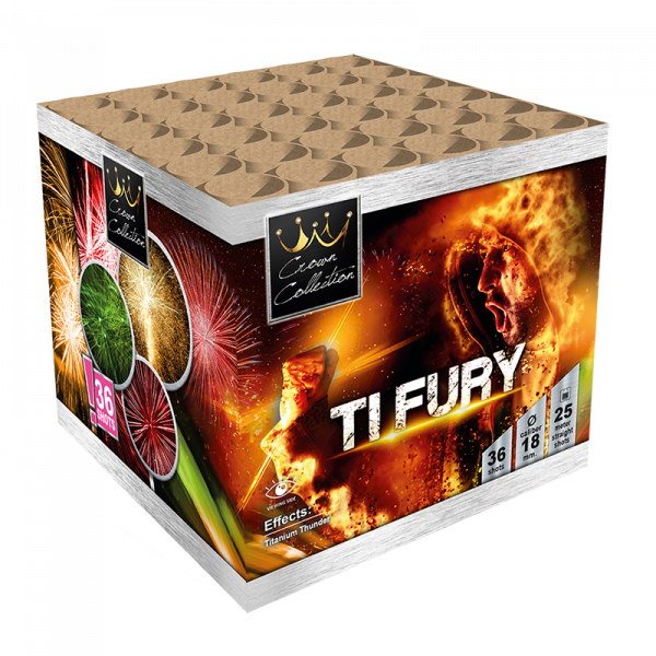 Batteriefeuerwerk Ti Fury (0624) von Broekhoff mit 36-Schuss, 36 Sekunden Laufzeit und 241 Gramm NEM der Kategorie F2 online kaufen und bestellen im Feuerwerk-Shop Funkelfun. Günstiger Feuerwerkshop für Silvester. Hier Angebot sichern!