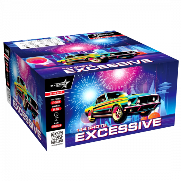 Verbundfeuerwerk Excessive (HF-144-2104S) von Sky Painter Fireworks mit 144-Schuss, 80 Sekunden Laufzeit und 1780 Gramm NEM der Kategorie F2 online kaufen und bestellen im Feuerwerk-Shop Funkelfun. Günstiger Feuerwerkshop für Silvester. Angebot sichern!
